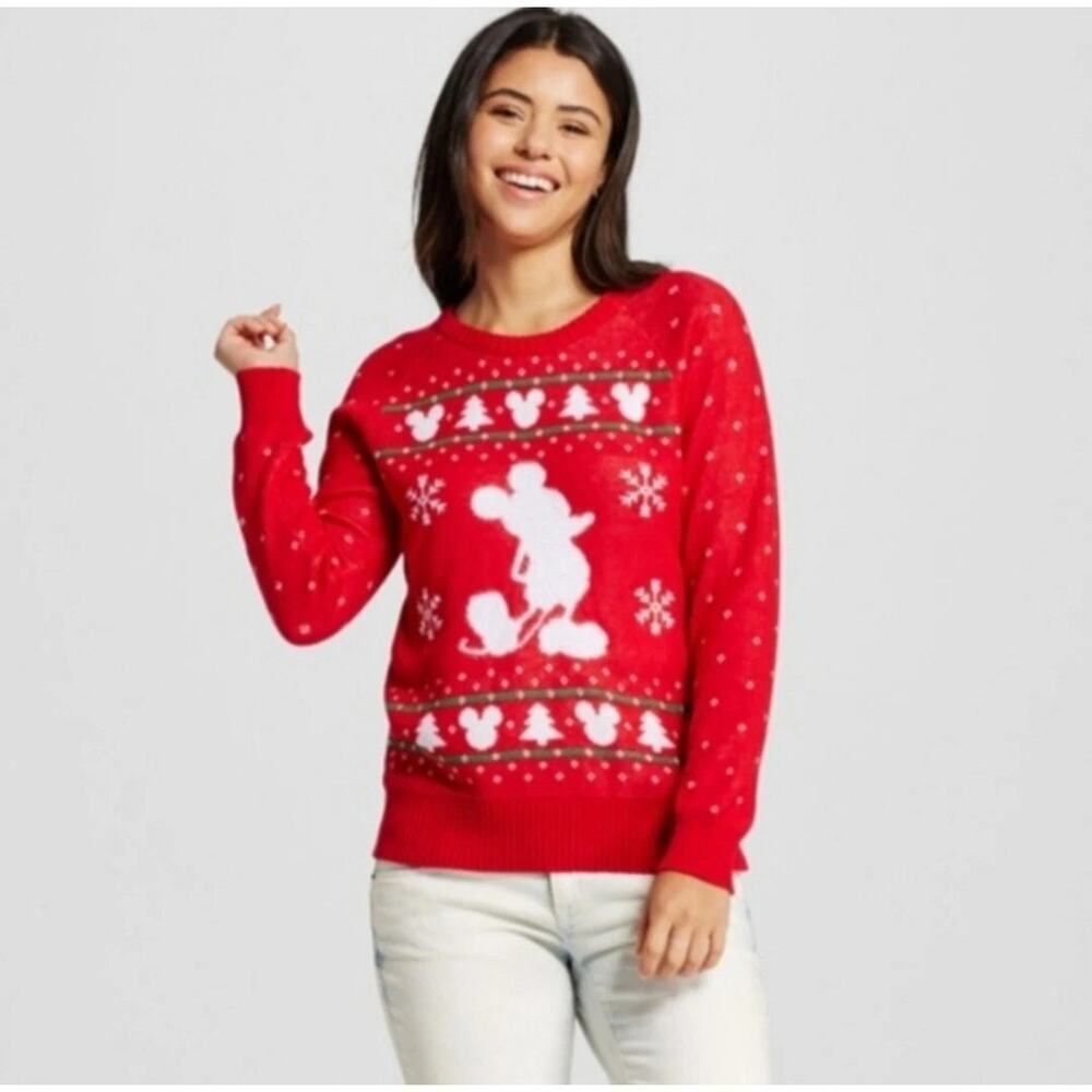 Disney Women's Red Mickey Mouse Christmas Holiday Crew Neck Sweater Size XL